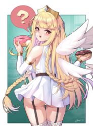  ? ass bare_shoulders blonde_hair bloody0rabby blush braid breasts commentary detached_sleeves detached_wings doughnut dress eating elpin_(trickcal) feathered_wings female food food_on_face from_behind garter_straps highres holding holding_food large_breasts long_hair long_sleeves looking_at_viewer looking_back panties red_eyes sleeveless sleeveless_dress solo spoken_question_mark thighhighs trickcal twin_braids underwear very_long_hair white_dress white_panties white_sleeves white_thighhighs white_wings wings 