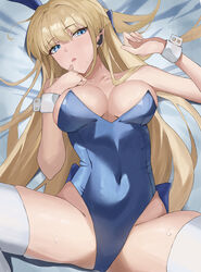  absurdres animal_ears bed_sheet blonde_hair blue_archive blue_eyes blue_leotard breasts collarbone commentary covered_navel fake_animal_ears female higashiwun_izumi highres leotard long_hair medium_breasts official_alternate_costume parted_lips playboy_bunny rabbit_ears solo strapless strapless_leotard sweat thighhighs toki_(blue_archive) toki_(bunny)_(blue_archive) white_thighhighs wrist_cuffs 