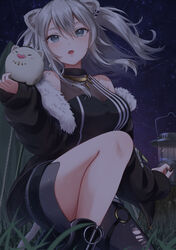  animal_ears black_footwear black_jacket black_shirt black_skirt black_thighhighs breasts cleavage female fur-trimmed_jacket fur_trim grey_eyes grey_hair highres hololive jacket large_breasts lion_ears lion_girl lion_tail long_hair looking_at_viewer night night_sky open_mouth see-through see-through_cleavage shirt shishiro_botan shishiro_botan_(1st_costume) skirt sky solo ssrb_(shishiro_botan) star_(sky) starry_sky sunset_kanpai tail thighhighs torn_clothes torn_thighhighs virtual_youtuber 