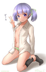  black_socks breasts collared_shirt commentary_request dress_shirt female green_panties kantai_collection kneeling long_sleeves looking_at_viewer one-hour_drawing_challenge ooshio_(kancolle) ooshio_kai_ni_(kancolle) panties purple_eyes purple_hair ray.s shirt short_hair simple_background small_breasts socks solo twintails underwear white_background white_shirt 