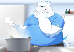  1boy animal_ears bara belly big_belly blue_fur cooking cowboy_shot dog_boy dog_ears fat fat_man furry furry_male hand_on_own_chin highres kitchen large_pectorals live_a_hero looking_at_viewer male_focus multicolored_hair pectorals solo sparkle standing streaked_hair stroking_own_chin tai_tanuki tasting thick_eyebrows white_fur yohack 