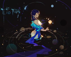  absurdres bare_shoulders black_background blue_jacket breasts bukui_shi_wo closed_eyes closed_mouth commentary_request dark-skinned_female dark_skin female highres indian jacket kaalaa_baunaa large_breasts long_hair nude off_shoulder planet purple_hair reverse:1999 ripples solo space wading water 