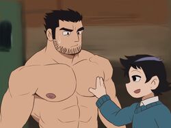  2boys abs bara beard_stubble black_hair clothed_male_nude_male ep06 facial_hair hand_on_another&#039;s_chest highres huge_eyebrows large_pectorals looking_at_another lucas_lee male_focus multiple_boys muscular muscular_male nipples nude official_style pectorals scott_pilgrim_(series) scott_pilgrim_takes_off short_hair size_difference smile stubble sweatdrop upper_body wallace_wells yaoi 