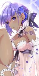  bare_shoulders blush breasts cleavage dark-skinned_female dark_skin detached_collar detached_sleeves dress fate/grand_order fate_(series) female flower hair_flower hair_ornament hassan_of_serenity_(fate) hassan_of_serenity_(lostroom_outfit)_(fate) looking_at_viewer medium_breasts purple_eyes purple_hair short_hair sidelocks solo thighs torichamaru white_dress 