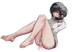  absurdres arknights arknights:_endfield bare_legs between_legs black_hair blue_eyes blush breasts endministrator_(arknights) female female_endministrator_(arknights) hair_ornament hand_between_legs highres invisible_chair long_sleeves looking_at_viewer medium_breasts short_hair simple_background sitting solo suxi_(user_pjzz2244) sweater white_background white_sweater 