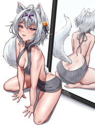  ahoge animal_ear_fluff animal_ears back barefoot bell breasts butt_crack cleavage_cutout clothing_cutout female filian_(vtuber) grey_hair hair_bell hair_between_eyes hair_ornament highres indie_virtual_youtuber kneeling looking_at_viewer medium_breasts meme_attire mirror purple_hair reflection short_hair soles solo tail virgin_killer_sweater virtual_youtuber wonnikon 