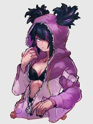  bikini black_bikini black_hair black_nails breasts cleavage closed_mouth collarbone commentary double_bun female fingernails grey_background hair_bun hair_over_one_eye hair_through_hood hood hood_up juri_han kemachiku long_sleeves looking_at_viewer medium_breasts multicolored_hair nail_polish official_alternate_costume onesie open_pajamas pajamas pink_hair pink_pajamas simple_background solo street_fighter street_fighter_6 swimsuit symbol-only_commentary two-tone_hair zipper 