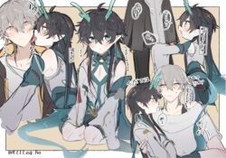  !? 2boys aged_down ahoge aqua_eyes aqua_horns aqua_tail bishounen black_hair black_jacket blush border caelus_(honkai:_star_rail) cleavage_cutout clothing_cutout collared_shirt colored_inner_hair commentary_request dan_heng_(honkai:_star_rail) dan_heng_(imbibitor_lunae)_(honkai:_star_rail) detached_sleeves dot_nose frown grey_hair hair_ornament highres honkai:_star_rail honkai_(series) hood hood_down hooded_jacket horn_ornament horns hug jacket leg07 licking licking_another&#039;s_neck long_hair long_sleeves male_focus multicolored_hair multiple_boys multiple_views open_clothes open_jacket parted_lips pectoral_cleavage pectorals pointy_ears shirt short_hair short_sleeves single_detached_sleeve sitting sweat trailblazer_(honkai:_star_rail) translation_request twitter_username very_long_hair white_border white_shirt wide-eyed yaoi yellow_background 