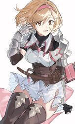  absurdres armor belt black_shirt blonde_hair breasts brown_gloves brown_thighhighs commentary_request corset djeeta_(granblue_fantasy) dress elbow_gloves female gauntlets gloves granblue_fantasy granblue_fantasy:_relink hairband hashibiro_kou_(garapiko_p) highres invisible_chair open_mouth orange_eyes partial_commentary rebelwear_(granblue_fantasy) rondel sheath shirt short_hair shoulder_armor simple_background sitting sleeveless sleeveless_dress small_breasts smile solo thighhighs tucking_hair white_background white_dress 