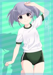  blush breasts brown_eyes buruma character_name cowboy_shot female green_background green_buruma grey_hair gym_uniform hair_ribbon highres inaba_shiki kantai_collection ooshio_(kancolle) ribbon shirt short_hair short_twintails small_breasts smile solo standing standing_on_one_leg twintails 