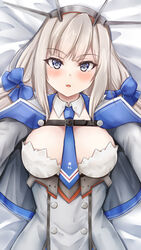  bed_sheet blue_necktie blush breasts capelet detached_collar female grey_capelet grey_eyes grey_hair headgear highres kantai_collection koru_pera large_breasts long_hair looking_at_viewer maryland_(kancolle) necktie open_mouth solo upper_body 