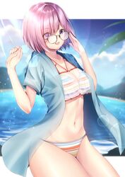  adjusting_eyewear asymmetrical_bangs bikini blue_jacket breasts cleavage covered_navel fate/grand_order fate_(series) female glasses hair_over_one_eye highres jacket looking_at_viewer mash_kyrielight mash_kyrielight_(swimsuit_of_perpetual_summer_ver.02) multicolored_bikini multicolored_clothes nagi_aoi navel purple_eyes purple_hair see-through short_hair short_sleeves sleeveless sleeveless_jacket smile solo stomach striped_bikini striped_clothes swimsuit thick_thighs thighs w_arms 