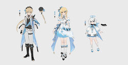  1boy 2girls absurdres aether_(genshin_impact) alternate_costume alternate_hairstyle blonde_hair brother_and_sister dress full_body genshin_impact hair_between_eyes hair_ornament halo highres long_hair long_sleeves looking_at_viewer lumine_(genshin_impact) mujizi multiple_girls open_mouth paimon_(genshin_impact) reference_sheet short_hair siblings smile twins white_dress white_hair 