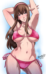  armpits arms_up bikini blue_eyes brown_hair butcha-u cleavage dead_or_alive dead_or_alive_xtreme_beach_volleyball eroquis female female_only hairband hitomi_(doa) human long_hair navel smile solo standing sweat tecmo underboob 