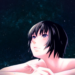  amagami black_eyes black_hair black_sky blush close-up closed_mouth commentary completely_nude crossed_arms female film_grain hair_between_eyes highres lips looking_up making-of_available nanasaki_ai night night_sky nose nude oshizu outdoors portrait short_hair sky solo star_(sky) starry_sky wet 