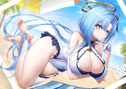  bare_shoulders beach beach_umbrella bikini blue_hair blue_sky blush breasts casual_one-piece_swimsuit character_name cleavage closed_mouth clothing_cutout commentary covered_navel day feet female frilled_one-piece_swimsuit frills full_body gloves griseo griseo_(cosmic_expression) hair_ornament half_gloves halo highres honkai_(series) honkai_impact_3rd huge_breasts legs long_hair looking_at_viewer lying no_shoes ocean on_stomach one-piece_swimsuit outdoors palm_tree purple_eyes sand signature single_thighhigh sky smile soles solo stirrup_legwear swimsuit thigh_strap thighhighs thighs toeless_legwear toes tree umbrella very_long_hair white_gloves white_one-piece_swimsuit white_thighhighs xfate 