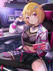  ahoge black_shorts blonde_hair breasts cellphone collarbone computer computer_keyboard female holding holding_phone ibuki_tsubasa idolmaster idolmaster_million_live! jacket looking_at_viewer medium_breasts monitor navel open_clothes open_jacket phone red_eyes short_hair short_shorts shorts smartphone smile solo tuna_picture v_over_eye 