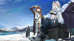  1boy 2girls animal_ears arknights arm_up aurora_(arknights) bear_ears bear_girl black_coat black_shirt blazpu blue_eyes blue_pants blue_sky boots box breasts brown_hair canopy_(shelter) cleavage cleavage_cutout clothing_cutout coat cropped_jacket cropped_shirt day dreadlocks earrings extra_ears hair_ornament hairclip highres jacket jewelry large_breasts long_sleeves looking_at_another magallan_(arknights) mask mask_around_neck medium_breasts mountain multicolored_coat multicolored_hair multiple_girls navel open_mouth outdoors pants sharp_(arknights) shield shirt sitting sky snow stomach streaked_hair teeth tree_stump two-tone_coat upper_teeth_only white_coat white_hair white_jacket winter yellow_eyes 