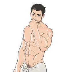  1boy abs after_bathing bara beard_stubble black_hair covering_own_mouth facial_hair hand_over_own_mouth large_pectorals looking_at_viewer lucas_lee male_focus male_pubic_hair muscular muscular_male navel navel_hair nipples omartoon pectorals pubic_hair pubic_hair_peek scott_pilgrim_(series) scott_pilgrim_takes_off short_hair smile solo stomach stubble thick_eyebrows topless_male towel_around_waist veins veiny_arms wet 