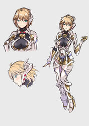  blonde_hair breasts closed_mouth cyborg female fiora_(xenoblade) full_body green_eyes inoue_takuya_(tactactak) looking_at_viewer mecha-fiora multiple_views short_hair simple_background upper_body white_background xenoblade_chronicles_(series) xenoblade_chronicles_1 