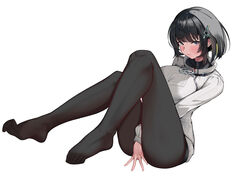  absurdres arknights arknights:_endfield between_legs black_hair black_pantyhose blue_eyes blush breasts endministrator_(arknights) female female_endministrator_(arknights) hair_ornament hand_between_legs highres invisible_chair long_sleeves looking_at_viewer medium_breasts pantyhose short_hair simple_background sitting solo suxi_(user_pjzz2244) sweater white_background white_sweater 