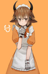  1boy :&lt; alternate_costume animal_ears apron arknights artist_name bison_(arknights) blush brown_eyes brown_hair closed_mouth commentary_request cow_boy cow_ears cow_horns crossdressing dress enmaided frilled_apron frills gloves hair_between_eyes hand_up highres horns looking_at_viewer maid maid_apron male_focus moribe_denkou neck_ribbon orange_background orange_dress orange_ribbon puffy_short_sleeves puffy_sleeves ribbon short_hair short_sleeves signature simple_background solo twitter_username white_apron white_gloves 