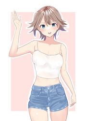  :d absurdres alternate_costume aqua_eyes bare_shoulders blue_shorts blush border breasts brown_hair camisole cleavage collarbone covered_nipples cowboy_shot denim denim_shorts female flipped_hair hand_up hiei_(kancolle) highres kantai_collection looking_at_viewer medium_breasts midriff open_mouth outline outside_border pink_background sakurai_nana_(moshichi) short_hair shorts simple_background smile solo spaghetti_strap teeth upper_teeth_only white_border white_camisole white_outline 