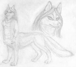  2023 5_fingers blouse bottomless bottomless_female bottomless_taur breasts canid canid_taur canine canine_taur canis chukchi_husky claws clothed clothing collar digitigrade dog_taur domestic_dog eyebrows female finger_claws fingers fluffy fluffy_tail full-length_portrait graphite_(artwork) greyscale hair herm_(lore) looking_at_viewer mammal mammal_taur medium_breasts monochrome pencil_(artwork) portrait quadruped simple_background solo standing tail taur toe_claws topwear topwear_only traditional_media_(artwork) white_background 