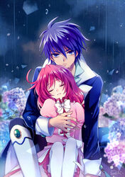  1boy blue_eyes blue_hair blurry blurry_background closed_eyes female fine_(futagohime) flower fushigiboshi_no_futago_hime hair_between_eyes highres long_hair long_sleeves looking_at_viewer pantyhose pink_shirt rain red_hair shade_(futagohime) shirt signature sitting suzuki_(2red_moon3) white_legwear 