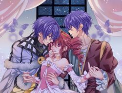  2boys arm_around_waist bad_id bad_pixiv_id bare_shoulders blue_butterfly blue_eyes blue_hair bug butterfly choker detached_sleeves dress drill_hair female fine_(futagohime) fine_(unviersal_princess)_(futagohime) fushigiboshi_no_futago_hime hand_on_another&#039;s_chin highres indoors looking_at_viewer multiple_boys pink_dress red_hair shade_(futagohime) suzuki_(2red_moon3) tiara twin_drills window wristband 