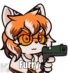  2020 :3 absurd_res anthro arknights black_body black_claws black_fur black_hair black_nose bust_portrait chibi claws clothing countershading digital_media_(artwork) english_text eyewear felid female fur glasses gun hair handgun hi_res holding_gun holding_object holding_ranged_weapon holding_weapon hypergryph impact_(font) kangwolf mammal meme multicolored_body multicolored_fur multicolored_hair orange_body orange_eyewear orange_fur orange_glasses orange_hair pantherine pistol portrait ranged_weapon reaction_image simple_background solo studio_montagne text tiger waaifu_(arknights) weapon white_background white_body white_fur white_hair 