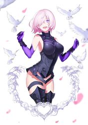  2r-_(pixiv8168114) armor bare_shoulders bird blurry breasts chinese_commentary curled_fingers dove elbow_gloves fate/grand_order fate_(series) female flower gauntlets gloves hair_over_one_eye hand_up happy heart highres mash_kyrielight medium_hair one_eye_covered open_mouth petals pink_hair purple_eyes rose simple_background solo teeth thigh_strap thighs tongue upper_teeth_only white_background white_bird white_flower white_lily white_rose 