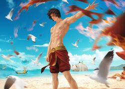  1boy aang abs animal appa artist_name avatar:_the_last_airbender avatar_legends beach bikini bird black_hair cloud english_commentary english_text fire hydrokinesis katara male_focus navel ocean outdoors pectorals pyrokinesis realistic sand scar scar_on_face scene_reference seagull short_hair sokka solo_focus summer surfing swimsuit toned toned_male toph_bei_fong topless_male ty_lee water web_address zarory zuko 