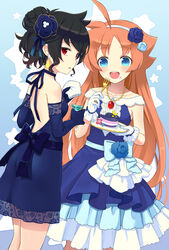  2girls :d ahase_hino ahiru_(princess_tutu) ahoge alternate_costume alternate_hairstyle black_bow blue_bow blue_dress blue_eyes bow cake cup dress dress_flower earrings eating elbow_gloves flower food food_on_face fork gloves hair_flower hair_ornament hairband highres holding holding_cup jewelry long_hair looking_at_viewer multiple_girls necklace open_mouth orange_hair painttool_sai_(medium) princess_tutu rue_(princess_tutu) short_hair smile standing very_long_hair white_gloves 