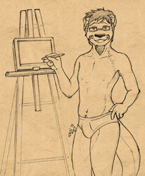 anthro body_hair briefs bulge clothed clothing easel eyewear fenderian_mayhew happy_trail looking_at_viewer male mammal mustelid otter sean_o&#039;hare sketch solo topless underwear