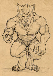 angry anthro bottomwear canid canine canis clothed clothing looking_at_viewer male mammal muscular muscular_anthro muscular_male mythological_canine mythological_creature mythology sean_o&#039;hare shorts solo topless torn_clothing were werecanid werecanine werewolf wolf