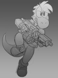 2012 anthro ben_the_dragon biped gun hair jumping male mario_bros monochrome nintendo ranged_weapon reptile scalie simple_background solo weapon yoshi