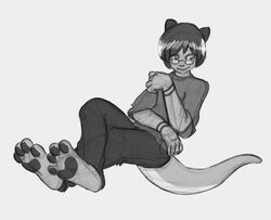 2013 4_toes anthro ben_the_dragon clothing eyewear feet glasses greyscale hair hindpaw jaelen male mammal monochrome mustelid otter pawpads paws simple_background solo toes white_background