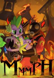 axe burning clothing crossover dragon duo english_text feral fire flame_pattern flamethrower friendship_is_magic gas_mask gloves green_eyes gun handwear hasbro hi_res horn human mahsira male mammal mask melee_weapon my_little_pony mythological_creature mythological_scalie mythology open_mouth pyro_(team_fortress_2) ranged_weapon scalie smile spike_(mlp) tail team_fortress_2 teeth text valve weapon