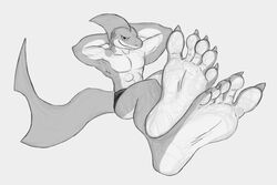 2013 3:2 5_toes abs anthro barefoot ben_the_dragon biceps biped claws clothed clothing feet fin fish flexing foot_focus grin hands_behind_head hindpaw humanoid_feet male marine monochrome muscular muscular_anthro muscular_male paws pecs plantigrade posesketch shark simple_background sitting smile soles solo toe_claws toes topless white_background