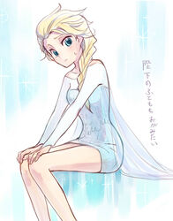  animification bare_shoulders blonde_hair blue_eyes blush braid commentary_request dress elsa_(frozen) female frozen_(disney) hair_over_shoulder long_hair single_braid sitting solo sou_(tuhut) sweat thigh_worship translated 