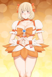  aoki_yuriko bad_id bad_pixiv_id bakuman blonde_hair blush bow breasts brooch brown_eyes choker cleavage cosplay cure_sunshine cure_sunshine_(cosplay) female gradient_background heart heart_brooch heartcatch_precure! jewelry large_breasts legs looking_at_viewer magical_girl orange_background orange_bow orange_choker orange_skirt orange_theme photoshop_(medium) precure short_hair skirt solo takasugi_kou yellow_background 