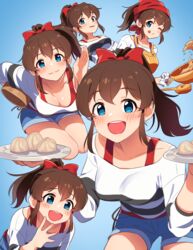  ;q blue_eyes blush breasts brown_hair cleavage cooking dumpling female food head_scarf highres idolmaster idolmaster_million_live! idolmaster_million_live!_theater_days kamille_(vcx68) long_hair looking_at_viewer medium_breasts one_eye_closed open_mouth plate ponytail poses ribbon satake_minako shirt short_hair smile solo striped_clothes striped_shirt tongue tongue_out wok 