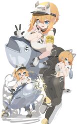  :3 :d all_fours animal animal_ears armband armored_boots ass bandaid bandaid_on_cheek bandaid_on_face bare_shoulders black_choker black_gloves black_pants blonde_hair blue_eyes blush boots breasts cat_ears character_name choker cleavage closed_mouth clothes_writing collarbone commentary_request copyright_name ear_piercing earpiece fake_animal_ears fake_tail female firing fish full_body gloves goddess_of_victory:_nikke hair_between_eyes highres holding holding_animal holding_fish kunikuni_(kunihiro2005) large_breasts looking_at_viewer maxwell_(nikke) mechanical_ears mechanical_tail midriff multiple_piercings open_mouth oversized_animal pants paw_pose piercing shadow short_hair short_hair_with_long_locks sidelocks smile sports_bra standing tail tuna two-tone_gloves v visor_cap white_gloves white_headwear white_sports_bra 