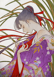  black_hair brown_nails closed_eyes female flower grass hair_ribbon hands_up highres japanese_clothes kimono original outline print_kimono profile purple_flower purple_kimono red_ribbon ribbon solo upper_body white_outline yumeko_(yumeyana_g) 