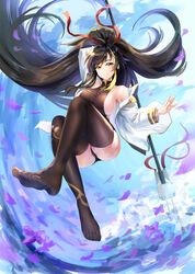  absurdres akusamu ass azur_lane bare_shoulders black_hair black_panties black_pantyhose blonde_hair breasts collarbone commentary_request feet female hair_ribbon harbin_(azur_lane) highres holding holding_polearm holding_weapon jacket large_breasts light_smile mole mole_under_eye multicolored_hair panties pantyhose polearm ponytail red_ribbon ribbon sideboob solo streaked_hair toes underwear weapon white_jacket yellow_eyes 