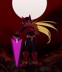  1boy android armor bad_id bad_pixiv_id blonde_hair commentary_request corpse energy_blade energy_sword gloves glowing helmet holding junk long_hair magosaki male_focus mega_man_(series) mega_man_zero_(series) mega_man_zero_3 moon night omega_(mega_man) red_eyes red_sky robot sky solo_focus sword war weapon z_saber 