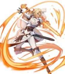  arm_guards armor belt blonde_hair blue_eyes boobplate boots breastplate breasts catherine_(fire_emblem) closed_mouth dark-skinned_female dark_skin female fire fire_emblem fire_emblem:_three_houses fire_emblem_heroes full_body gloves highres holding holding_sword holding_weapon knee_pads leg_up lips long_hair long_sleeves looking_at_viewer looking_away non-web_source official_art p-nekor pants parted_bangs parted_lips puffy_sleeves shoulder_armor smile solo sword thunderbrand transparent_background weapon white_pants 