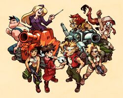  4boys 4girls :d advance_wars andy_(advance_wars) antenna_hair arm_up blonde_hair blue_hair breasts brown_hair cannon cleavage closed_mouth commentary crop_top crossover dkirbyj dog_tags english_commentary eye_contact fio_germi floating_hair glasses green_headband gun hand_on_own_hip handgun handshake headband holding holding_gun holding_pointer holding_weapon kasamoto_eri looking_at_another looking_at_viewer machine_gun marco_rossi max_(advance_wars) metal_slug midriff military military_uniform military_vehicle motor_vehicle multiple_boys multiple_girls nell_(advance_wars) open_mouth orange_hair outstretched_arm pointer round_eyewear sami_(advance_wars) short_hair signature smile spiked_hair standing sunglasses sv001_(metal_slug) tank tank_top tarma_roving teeth uniform upper_teeth_only weapon white_headband wrench 