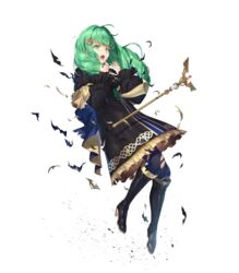  black_dress black_footwear blue_pantyhose boots bow caduceus_staff_(fire_emblem) detached_sleeves dress female fire_emblem fire_emblem:_three_houses fire_emblem_heroes flayn_(fire_emblem) frills full_body gold_trim green_eyes green_hair hair_ornament hands_up highres knee_boots kousei_horiguchi long_hair long_sleeves looking_at_viewer looking_away non-web_source official_art open_mouth pantyhose school_uniform shiny_clothes solo staff torn_clothes torn_pantyhose transparent_background turtleneck 